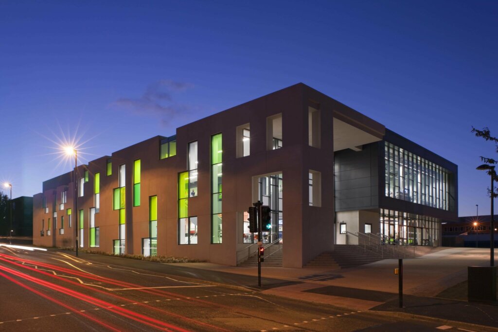 University of Sunderland City Campus at night with lights on