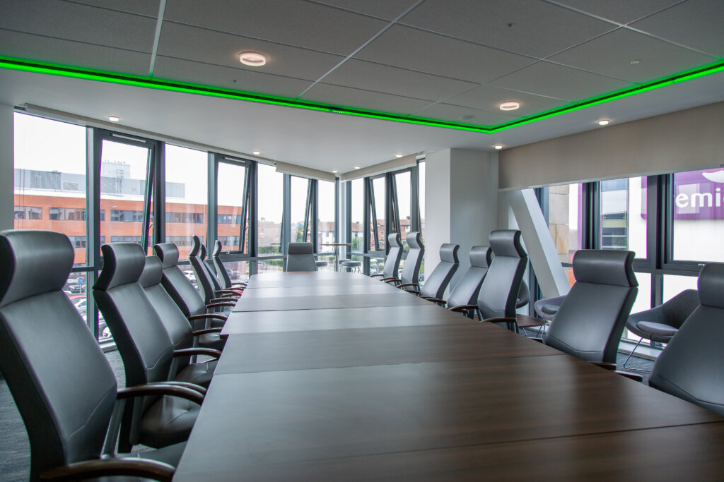 The Pinnacle room with long table and chairs both side